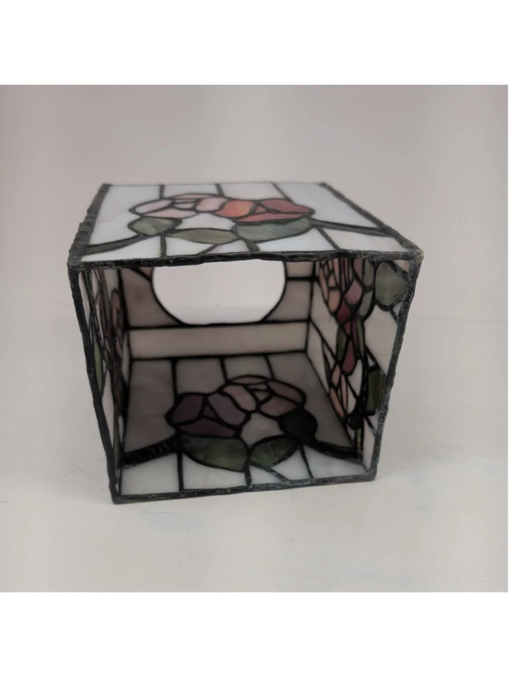 Stained glass floral rose square tissue box holder